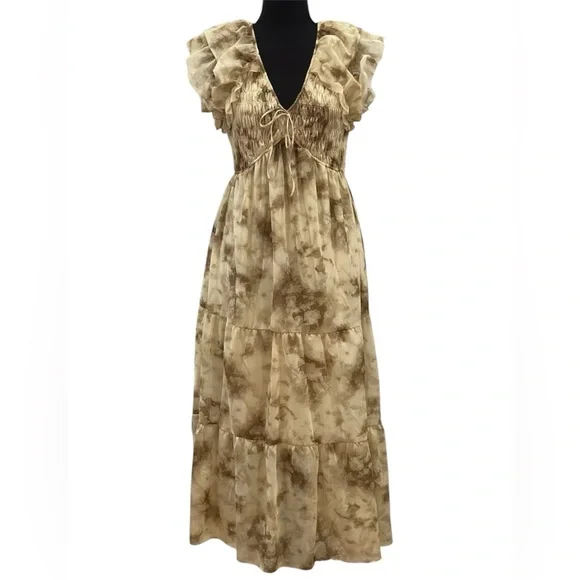 moon river brown dress Moon River Flutter Sleeve V-Neck Midi Dress – Gibsonlook main image 0